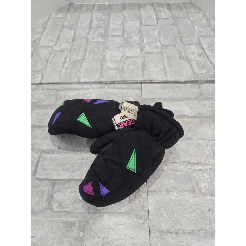 Girls Thinsulate 80s Neon Geometric Snow Mittens Black Waterproof NOS New